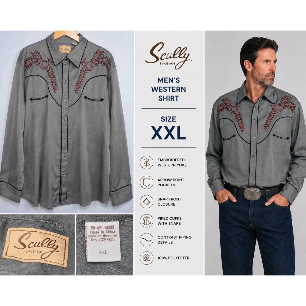 Scully Western Shirt Mens XXL Grey Embroidered Snap Front Long Sleeve